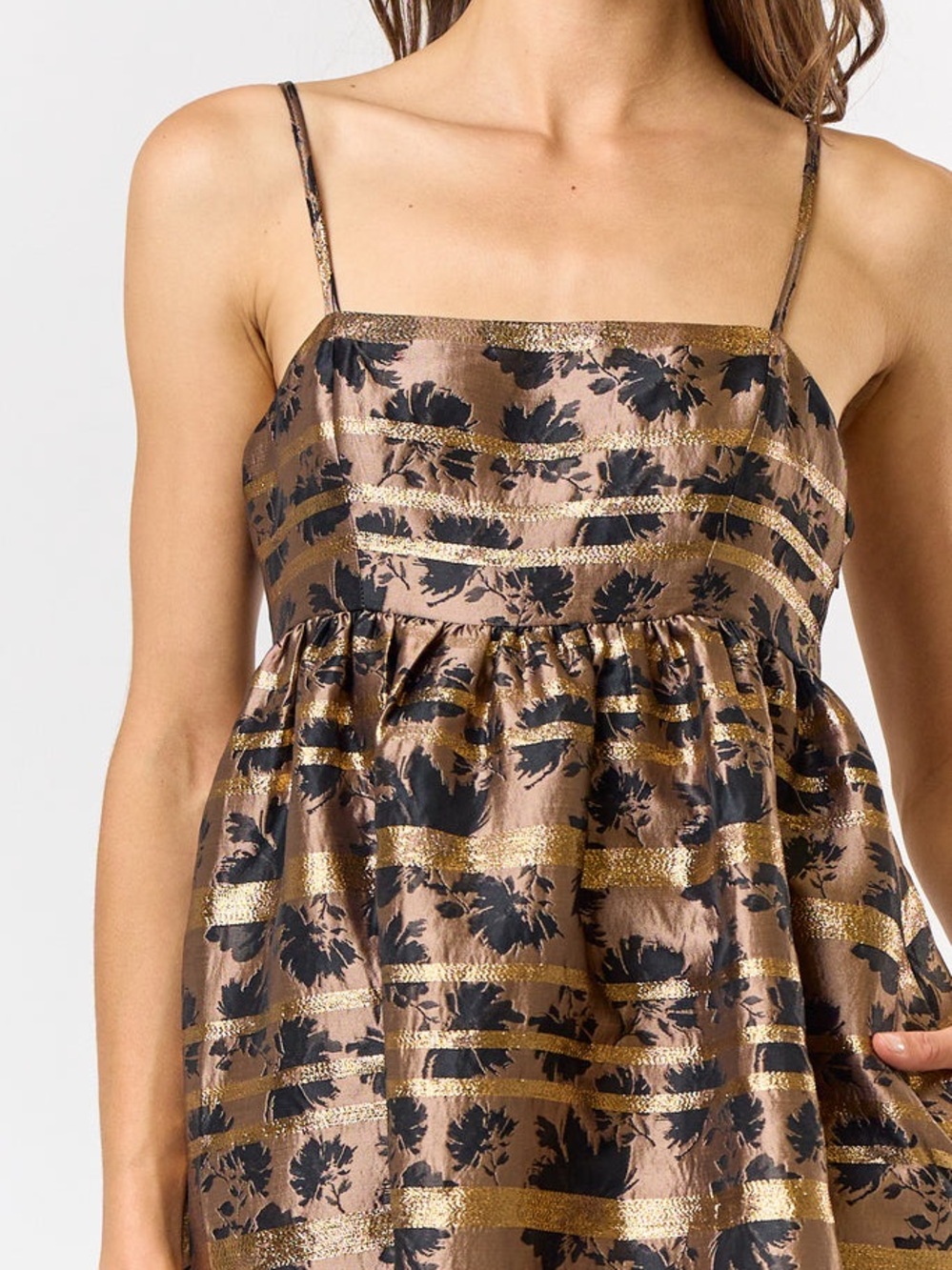 Metallic Bronze Floral Maxi Dress with Gold Stripe Detail